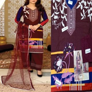 Fancy Malai Printed Unstitched 3 Piece Suit Best for Girls  & women - Art# SS - FMPL - RM - M13 - UF
